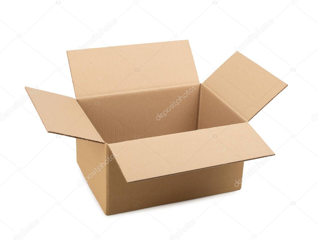 Opened cardboard box on a white isolated background.