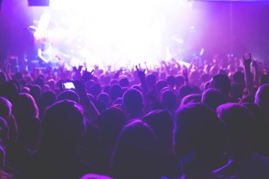 Büyük bir konser kulübünde konserin izleyicileri..