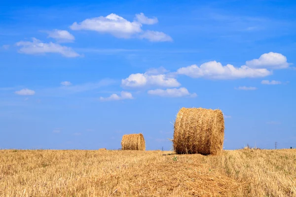 Straw Bales Waiting Collection Field Autumn Blue Cloudy Sky — Stock Photo, Image