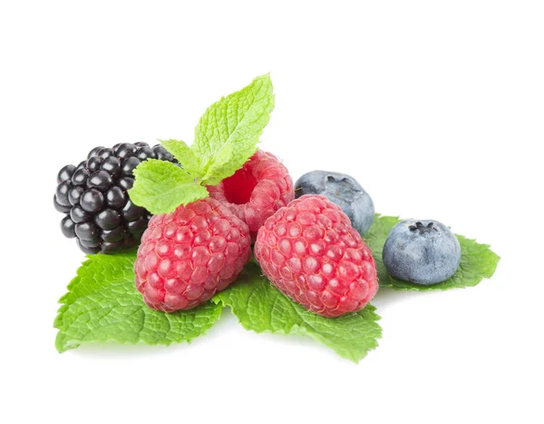 混合的浆果 覆盆子 蓝莓和黑莓 背景为白色 叶色薄荷 被隔离了 — 图库照片