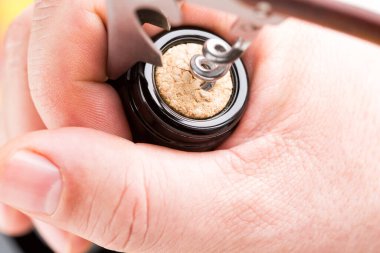 Bir adamın eli bir şişe kırmızı şarabı tirbuşonla açar. Üst Manzara. Bir defoktaki çok renkli sonbahar yapraklarının arka planına karşı.