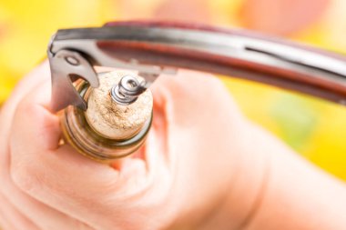 Bir kadının eli bir şişe beyaz şarabı tirbuşonla açar. Üst Manzara. Bir defoktaki çok renkli sonbahar yapraklarının arka planına karşı.