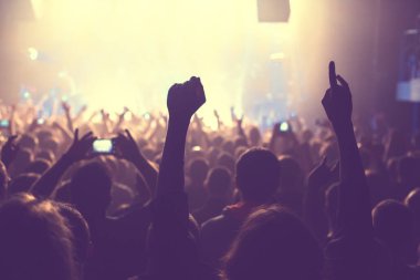 Büyük bir konser kulübünde konserin izleyicileri..