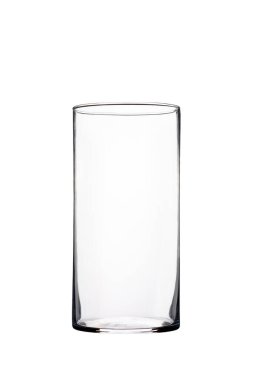 İç dekorasyon, çiçekçilik ve modern minimalist tasarım kavramları için beyaz zemin üzerinde izole edilmiş şeffaf uzun silindirik cam vazo..