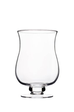 Yumuşak yuvarlak eğrileri olan zarif, şeffaf vazo, beyaz üzerine izole edilmiş, iç dekorasyon için uygun, çiçek dekoru, olay düzenlemeleri ve modern minimalist gösteriler..