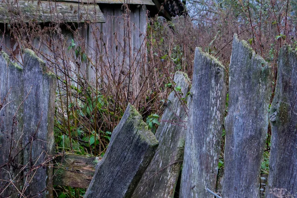 Uma velha cerca arruinada feita de tábuas de madeira. — Fotografia de Stock