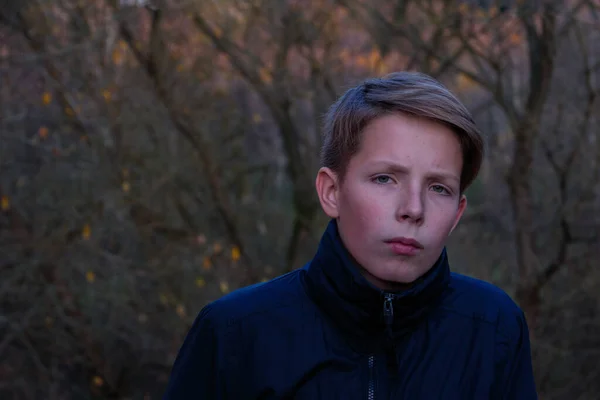 秋の裸の木を背景に青いジャケットを着た悲しい少年の肖像. — ストック写真