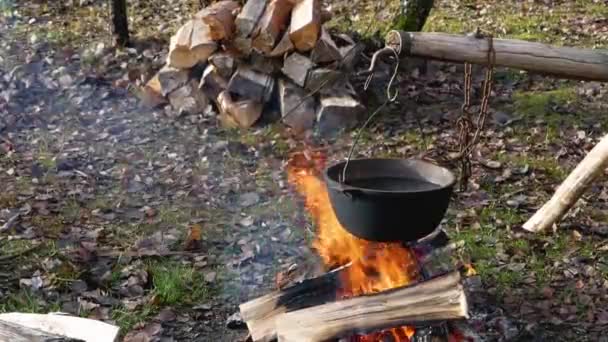 Kuali logam mendidih di atas api unggun. — Stok Video