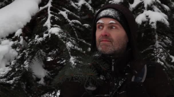 Portrait of a man with a snow-covered face standing under a spruce tree. — Stock Video