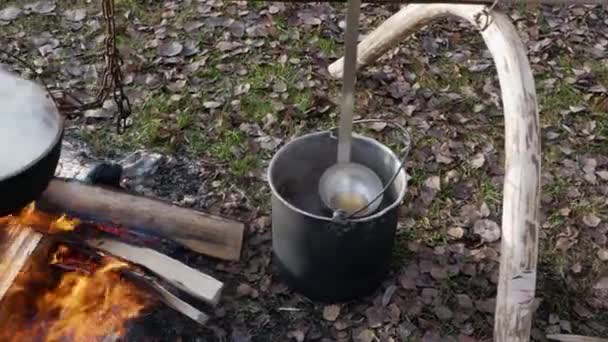 Zwei Kessel mit kochendem Wasser auf dem Feuer. — Stockvideo