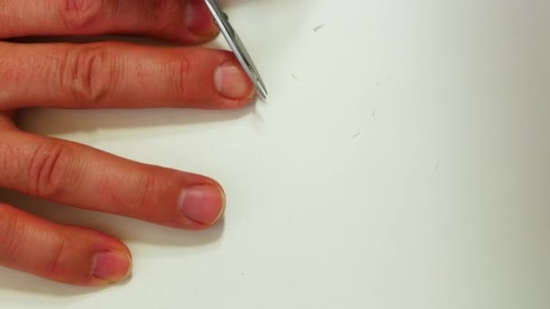Mann schneidet seine eigenen Handnägel auf weißem Hintergrund. — Stockvideo