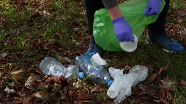 Хлопець збирає пластикові відходи в сумці . — стокове відео