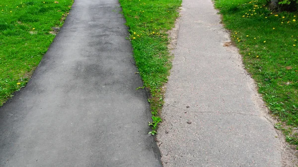 Dos caminos pequeños de asfalto en hierba verde. — Foto de Stock