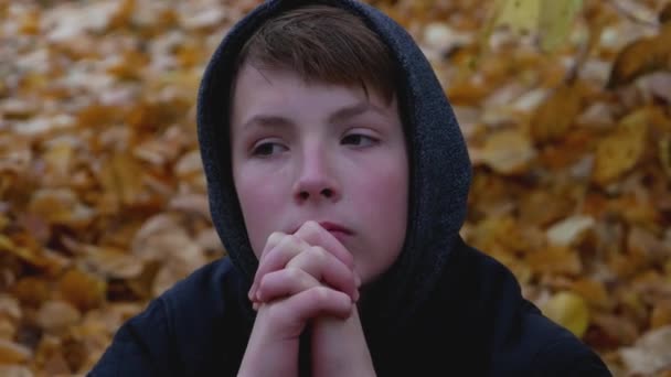 Portret van een droevige en peperdure tienerjongen in de natuur. — Stockvideo