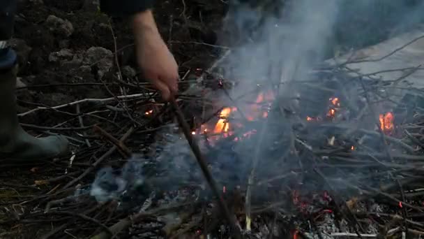 Reunindo ramos de um fogo ardente em uma pilha. — Vídeo de Stock