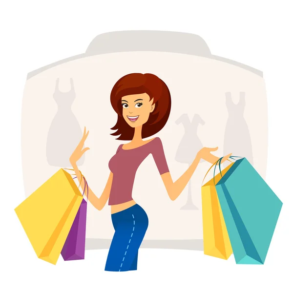 Happy beautiful young woman with shopping bags in shopping mall — Stock Vector