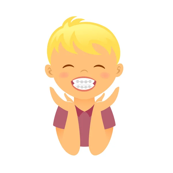 Children braces happy boy with white smile teeth — Stock Vector