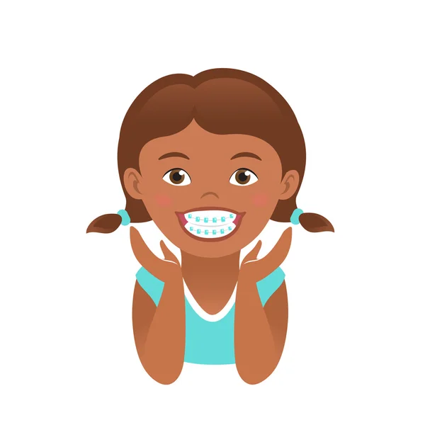 Crianças aparelho feliz menina americana africana com dentes de sorriso branco — Vetor de Stock