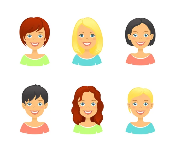 Styles de cheveux de femme de différents types et couleurs — Image vectorielle