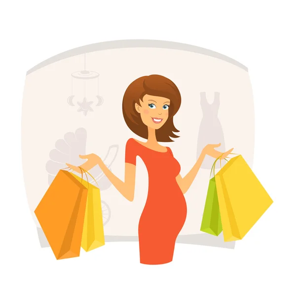 Hermosa mujer embarazada con bolsas de compras — Vector de stock