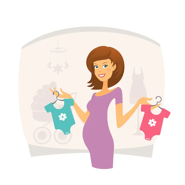 Happy pregnant woman with baby clothes — Stock Vector