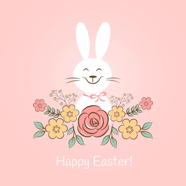 Feliz conejito de Pascua con flores — Vector de stock