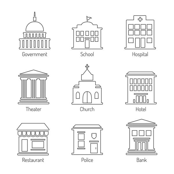 Government building outline icons set — Stock Vector