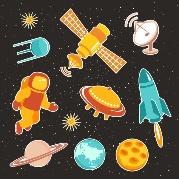 Icone della nave spaziale con pianeti razzi stelle e astronauta — Vettoriale Stock