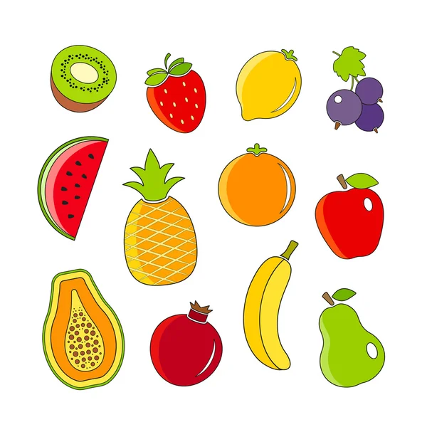 Frutas frescas orgânicas e ícones de bagas delinear design — Vetor de Stock