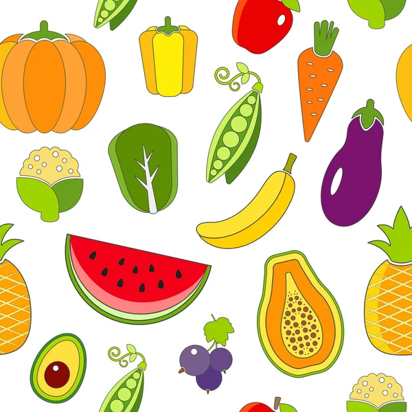 Seamless pattern with outlined fruits and vegetables — Stock Vector