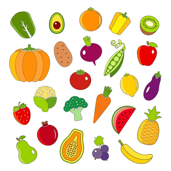 Organic fruits and vegetables outline style icons set — Stock Vector