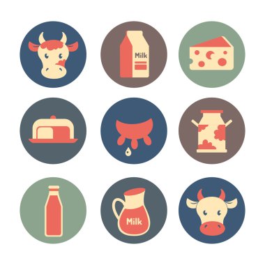 Süt ve süt ürünleri düz Icons set