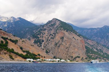 Agia Roumeli kasaba Samiriye Gorge, Crete island, Yunanistan sonundaki