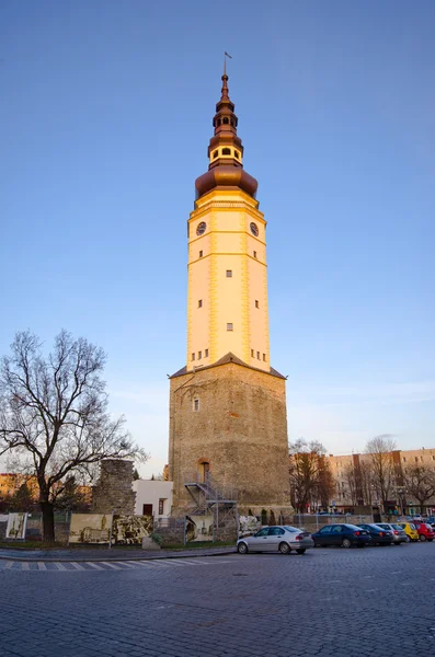 Stara wieża ratusza zniszczonego w Strzelin, Polska — Zdjęcie stockowe