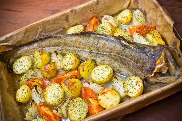 Bacalhau inteiro com legumes — Fotografia de Stock