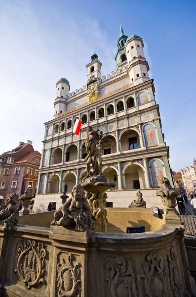 Fontana e municipio di Poznan, Polonia — Foto Stock