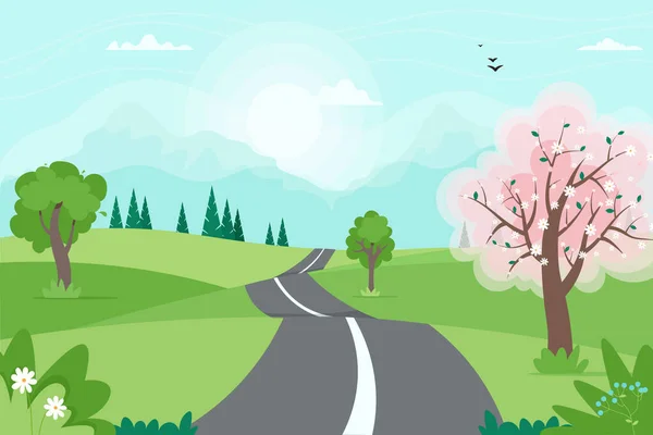 Joli Paysage Route Printemps Avec Des Montagnes Illustration Vectorielle Style — Image vectorielle