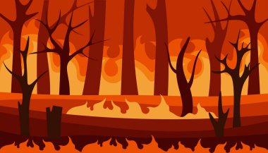 Ormanda yangın. Yanan orman yangını. Yanmış manzaranın vektör çizimi, doğa felaketi, düz stil ekoloji felaketi