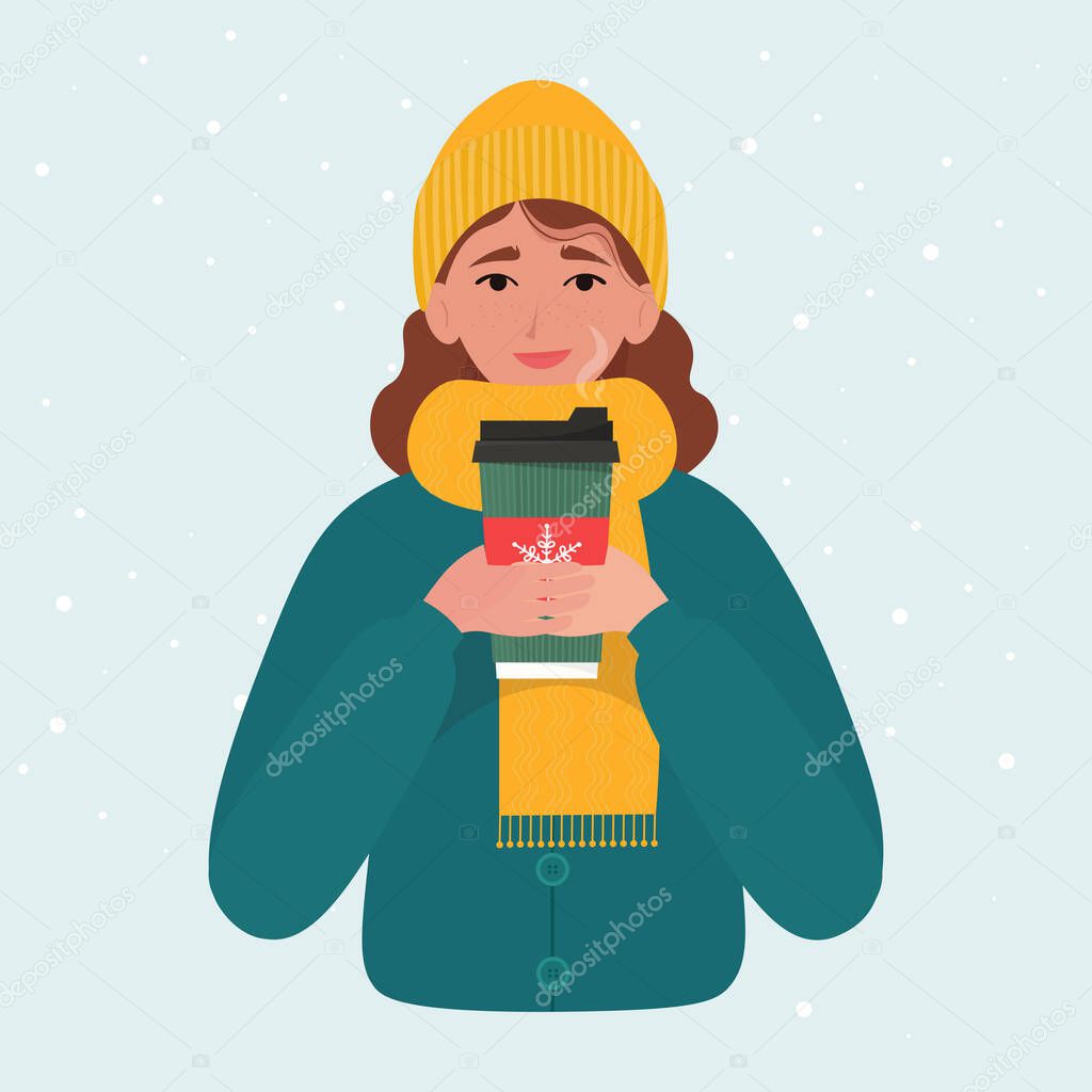 Woman in warm clothing holding a coffee cup at winter background. Vector illustration in flat style