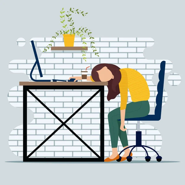 Burnout ilustração conceito com exausto trabalhador do escritório do sexo feminino sentado à mesa. Trabalhador frustrado, problemas de saúde mental. ilustração vetorial —  Vetores de Stock