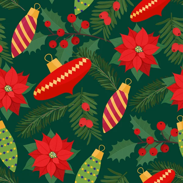 Natale modello senza cuciture festivo per avvolgere carta o tessuto con palla decorazione e piante di Natale. Illustrazione vettoriale in stile piatto — Vettoriale Stock