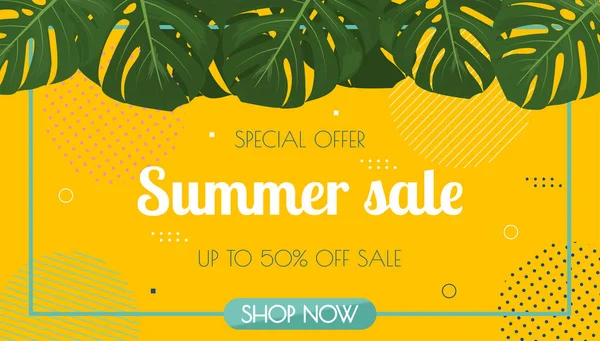 Letní prodejní horizontální banner s abstraktními geometrickými tvary a tropickými listy. Vektorová ilustrace v plochém stylu — Stockový vektor