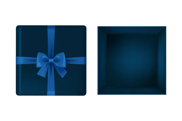 Offene Geschenkschachtel in dunkelblau mit blauer Schleife, vektorisolierte Illustration im realistischen 3D-Stil — Stockvektor