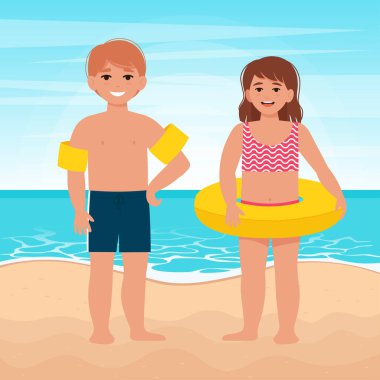Küçük şirin kız ve oğlan şişme daire içinde. Summer 'da Çocuk Rahatlaması. Denizde okul tatili. Düz biçimli Vektör İllüstrasyonu