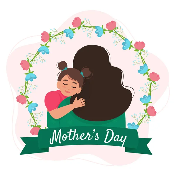 Abraços de mãe e filha. Feliz Dia das Mães cartão de saudação ou banner. Ilustração vetorial bonito em estilo plano — Vetor de Stock