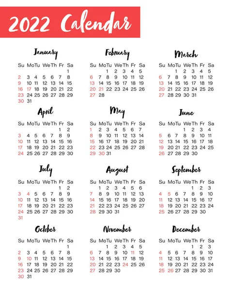Вертикальный календарь на 2022 год, изолированный на белом фоне. Календарь Соединенных Штатов на английском языке. Векторный шаблон — стоковый вектор