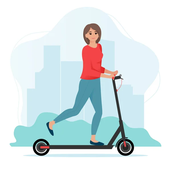Elektrikli scooter kullanan bir kadın. Mobilete binen kız. Düz biçimdeki şirin vektör illüstrasyonu