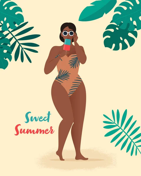 Cartaz Retro Summer. Uma mulher com gelado na praia. Ilustração vetorial em pin up, estilo plano — Vetor de Stock
