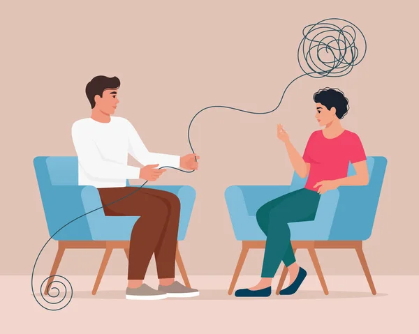 Psychotherapy, mental problem or depression treatment concept. Sad, unhappy woman talking with psychologist, he is helping she to cope with a stressful situation. Flat design vector illustration — Stock Vector