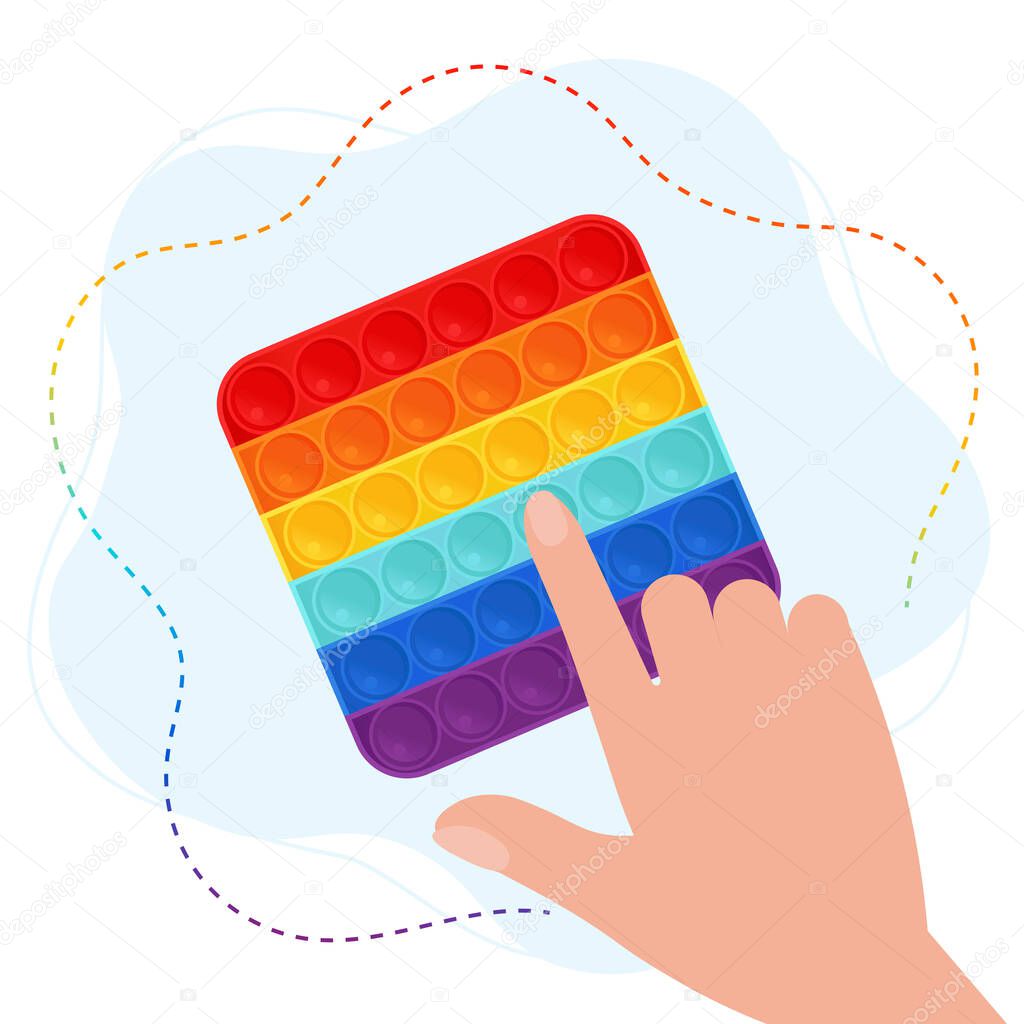 Trendy pop it fidget in Rainbow colors. Hand play with Sensory fidget antistress toy. Vector illustration in flat style